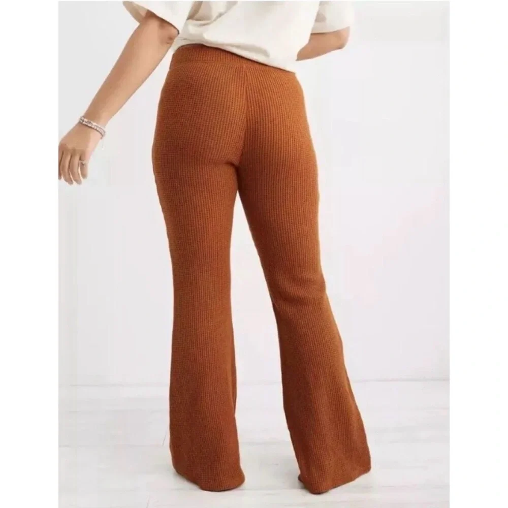 Aerie Waffle Knit Wide Leg Flare Pants in Rust Pull On Loungewear Comfy Cozy - Picture 2 of 7